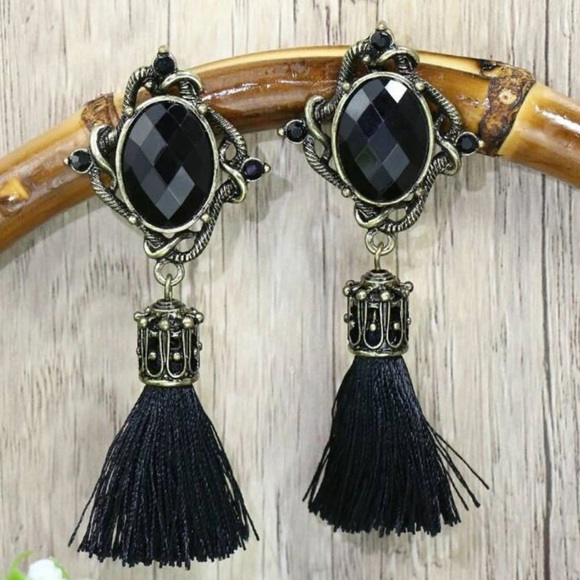 Tassel Long Fringe Drop, Black, Antique Gold Bohemian, Victorian Earrings - Picture 2 of 10